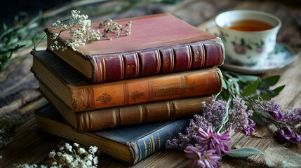 stack of old books on wooden table