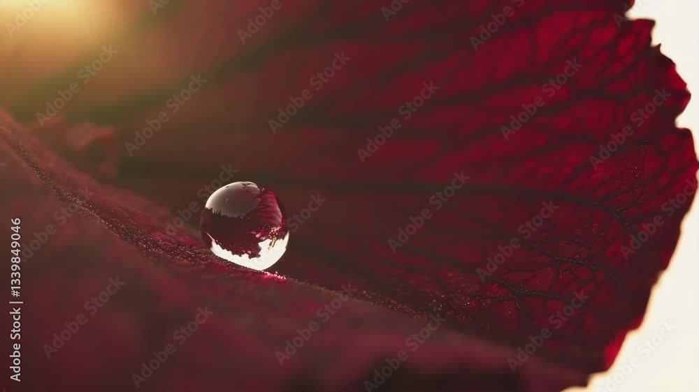 Poster delicate dewdrop rolling across vivid red leaf surface, capturing landscape reflection with sparklin