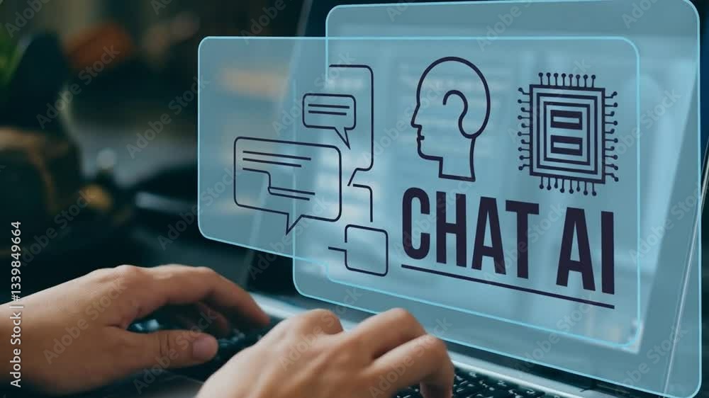 Poster Futuristic Businessman Interacting with AI Chatbot: OpenAI powered intelligence, seamless online communication, advanced technology, robotic          