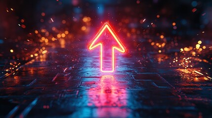 A neon-lit upward arrow surrounded by electric sparks, futuristic and energetic 