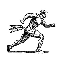 Fototapeta premium Dynamic vintage illustration of a man sprinting with determination towards an unseen finish line, capturing the spirit of athleticism and movement