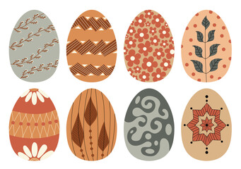 A set of Easter eggs with a variety of patterns. Each egg has a unique design, including floral motifs, geometric shapes, plant elements and abstract patterns. Style: flat, geometric, minimalist, ethn