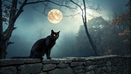 "A mysterious black cat sitting on a stone wall under the full moon, its glowing yellow eyes staring into the night. The background features a dark, misty forest with an eerie yet magical atmosphere.