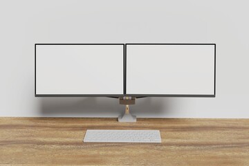 Two screen computer monitor setup on a white background. Curved screen computer monitor with free space. New generation desktop setup 