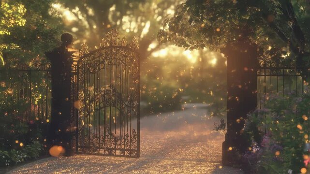 Golden light particles drifting through enchanting garden scene, illuminating open wrought iron gate with dreamlike ethereal glow during magical sunset moment