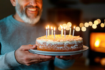 Bearded man in a cozy sweater holding a birthday cake with lit candles in a warm, festive atmosphere