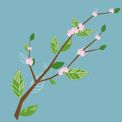An abstract brown sakura branch with pink flowers, green leaves and white leaf outlines is painted on a blue background.