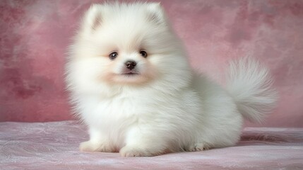 Fototapeta premium A small white fluffy dog sitting looking at the viewer