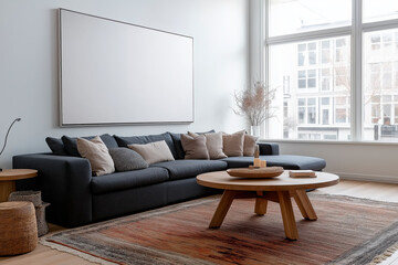 Modern living room with a dark gray sofa, wooden coffee table, large rug, and minimalistic decor in natural tones