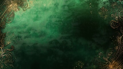 Ethereal Emerald Fantasy Background: Abstract Art with Ornate Vintage Border and Textured Floral Pattern