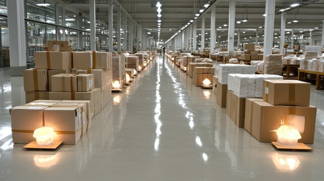 A large industrial space featuring boxes and ambient lighting