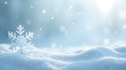Naklejka premium Soft Blue Winter Snowflake on Snow - Dreamy Snowy Holiday Landscape Scene