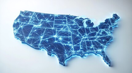 United States map with glowing network connections on a white background.