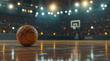 Obraz premium A basketball on the court with an audience in the background.