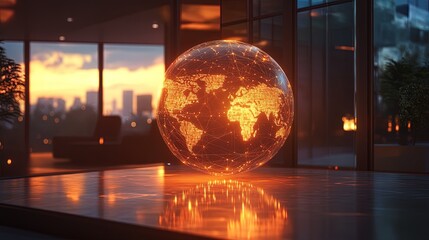 A glowing holographic representation of global business networks floating in a corporate office, precise and engaging 