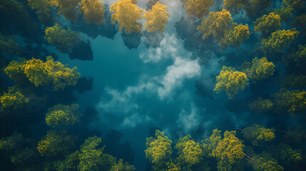 Naklejka premium Aerial Forest Lake Teal Green Trees, Summer Landscape with Peaceful Scenery