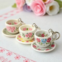 Fototapeta premium Adorable miniature flower-patterned teacups with saucers displayed as keychains