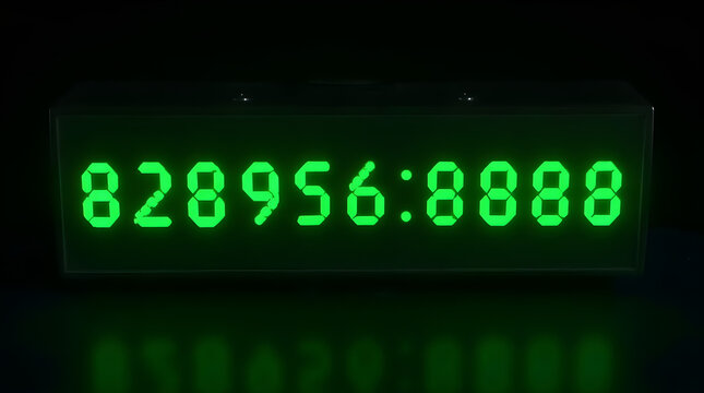 Glowing Green LED Digital Numbers 828956 8888 Electronic Counter Black Background