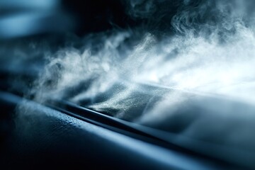 Smoke billowing from the air vents of a car dashboard creates a mysterious and captivating atmosphere, enhancing the moody and dramatic interior of the vehicle