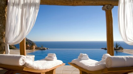 Obraz premium Two lounge chairs overlooking an infinity pool and expansive ocean view