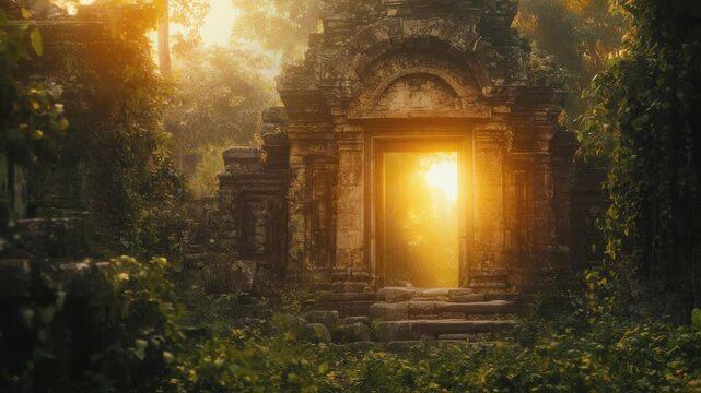 Golden sunlight shines through the gate of an ancient temple hidden within a lush, tropical jungle, creating a mystical and ethereal atmosphere