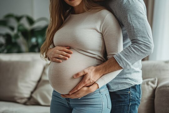 A husband gently touching his pregnant wife's belly in the living room, a happy family concept.
