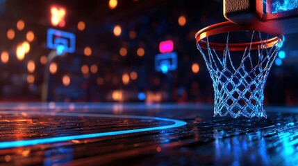 A basketball hoop and court illuminated with glowing neon lights