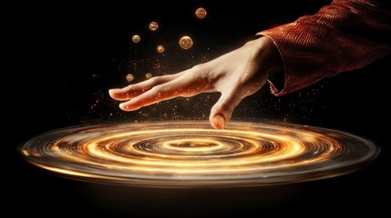 Obraz premium A hand reaching over glowing circular energy formations in the dark