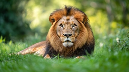 Obraz premium A majestic powerful lion lies in the lush green grass of its habitat.