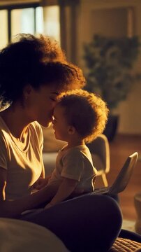 A happy, smiling brunette mother is playing with her child while working on her laptop at home, illuminated by backlighting in the living room