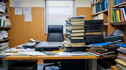 Cluttered office with stacks of files and papers in a busy workspace during the daytime