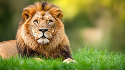 Fototapeta premium A majestic powerful lion lies in the lush green grass of its habitat.