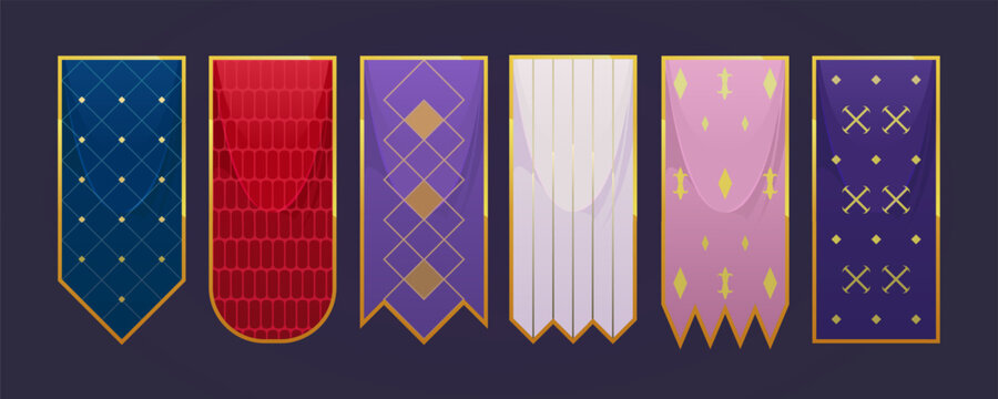 Set of vector flags with heraldry elements. Template of flag canvas in golden frame with pattern. Tournament royal pennant, vertical banner, decorative ornament, medieval symbols, geometric grid.