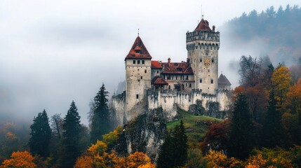 Obraz premium A grand medieval castle on a hill, fog rolling in the background --ar 16:9 --v 6.1 Job ID: ab74fe29-2456-4a94-b14a-98bfdb1c6d6a