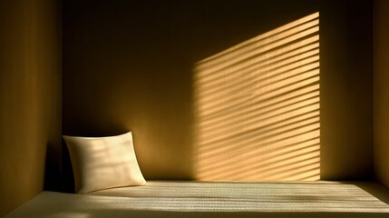 Soft pillow on a bed with light and shadow from blinds