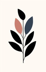 The image features a minimalist black flower illustration with a slender stem, surrounded by two abstract shapes in brown and dark blue on a cream background. Its design is modern and aesthetic.