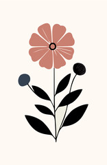 A minimalist flower illustration with light brown petals, a black center, and black leaves on a cream background.