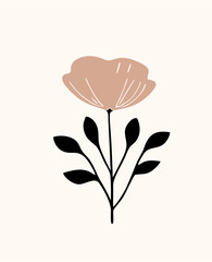 A minimalist flower illustration with light brown petals, a black center, and black leaves on a cream background.