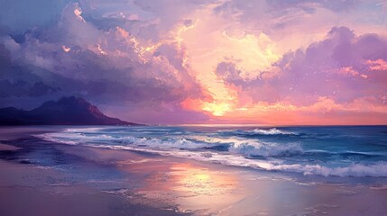 Fototapeta premium Beach by the sea, pink clouds in the sky, fantasy art style, impressive skies, naturalistic ocean waves, golden light, sunset.