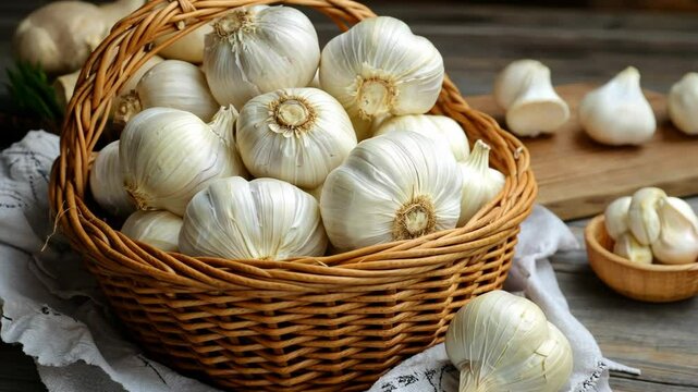 Fresh garlic cloves displayed in a woven basket on a wooden table during a kitchen preparation