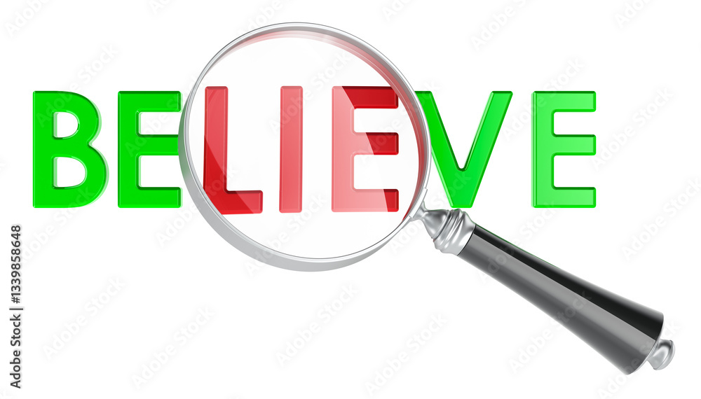 Poster believe with lie under magnifying glass. 3d rendering isolated on transparent background