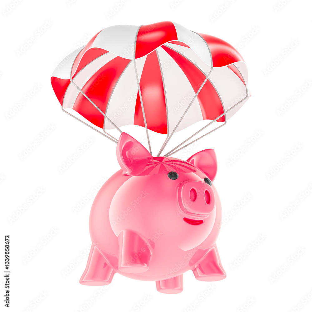 Aufkleber parachute with piggy bank. 3d rendering isolated on transparent background