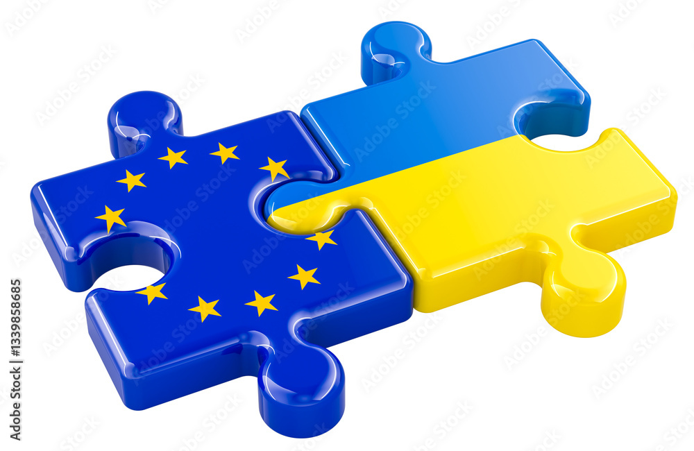 Aufkleber ukraine and the european union puzzles from flags, relation concept. 3d rendering isolated on transp