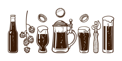 Set of beer objects. Vector illustration.