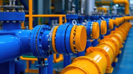 Industrial Pipes and Valves: Blue and Yellow Pipeline System in a Factory