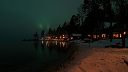 A tranquil lakeside scene under the beautiful aurora borealis night