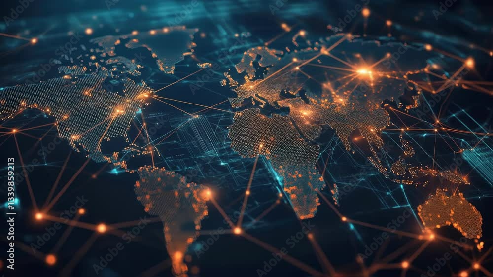 Poster interconnected global network visualization featuring orange lines and connecting dots spreading acr