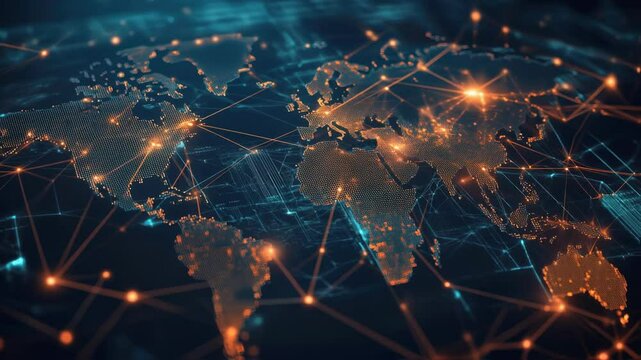 Interconnected global network visualization featuring orange lines and connecting dots spreading across world map against dark teal gradient background. Representing digital communication technology