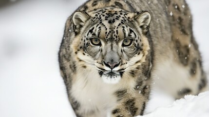 Obraz premium A stunning snow leopard gazes intently in a winter landscape