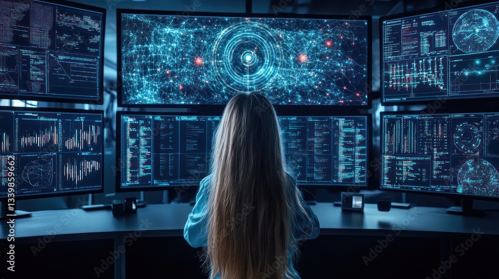 Poster cybersecurity specialist analyzing data on multiple screens